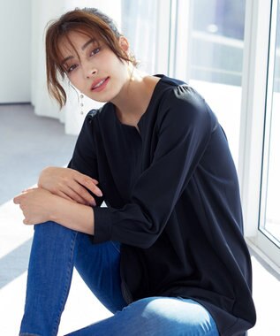 Tiaclasse 【洗える】キーネックバックフレアチュニックブラウス ダークネイビー