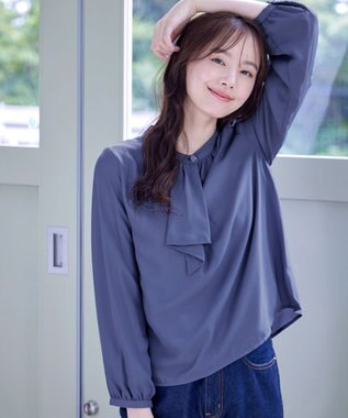 Tiaclasse 【洗える・スマート裏起毛】ジョーゼットフリルブラウス ブルー