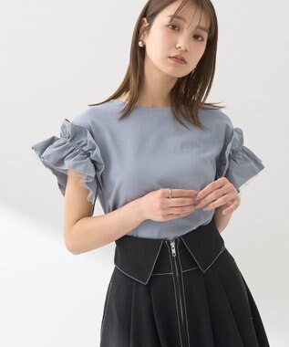 earth music&ecology 【接触冷感/洗濯機可】ギャザーフリルスリーブカットソー Sax