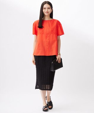 自由区 L 【接触冷感・洗える】エンブロイダリーローン Tブラウス マンダリン