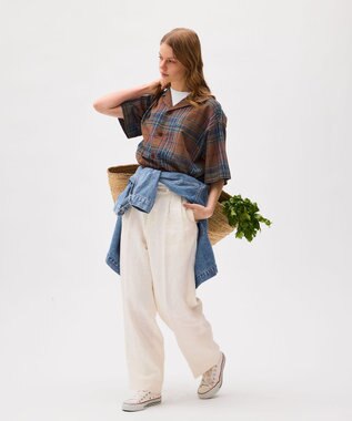 LENO DARK MADRAS CHECK OPEN COLLAR SHIRTS / マドラスチェックブラウス BROWN