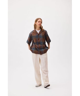 LENO DARK MADRAS CHECK OPEN COLLAR SHIRTS / マドラスチェックブラウス BROWN