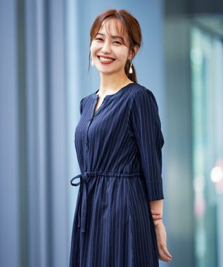 Tiaclasse L 【新色追加・洗える】配色キーネックストライプワンピース ネイビー×ネイビー