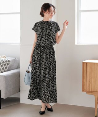 Tiaclasse 【洗える】花柄フレンチスリーブワンピース ブラック