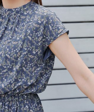 Tiaclasse 【洗える】花柄フレンチスリーブワンピース ブルー