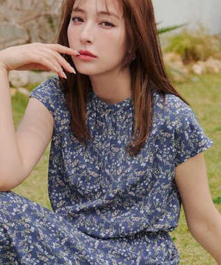 Tiaclasse 【洗える】花柄フレンチスリーブワンピース ブルー