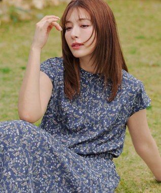 Tiaclasse 【洗える】花柄フレンチスリーブワンピース ブルー