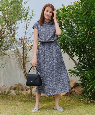 Tiaclasse 【洗える】花柄フレンチスリーブワンピース ブルー