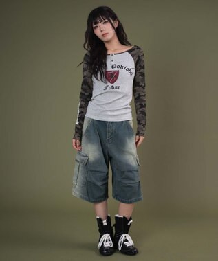 WEGO フラップポケットニータックカーゴハーフパンツ デニム中濃色