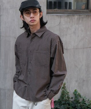 WEGO ミニマムチェックショートシャツ（LS） ブラウンチェック1