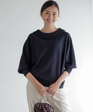 組曲 S 【加藤ローサさん着用 / 前後着用可】スムースストレッチロールネック ニット ネイビー系