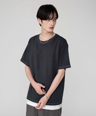 WEGO 【ユニセックス着用ITEM/MLサイズ展開】カラーステッチT（SS） ブラック中濃色