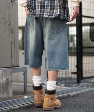 WEGO 【ユニセックス着用ITEM/SMLサイズ展開】スーパーバギーデニムショーツ デニム中濃加工色