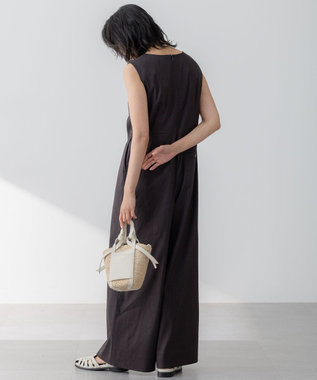 23区 S 【洗える】リネンレーヨンストレッチ スクエアネック オールインワン ダークブラウン系