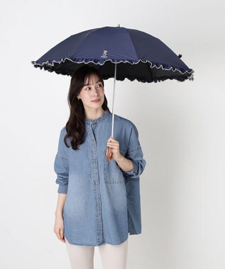 MOONBAT 【WEB限定/遮光率100%/遮熱/UV】POLO RALPH LAUREN（ポロ ラルフローレン）晴雨兼用日傘 ワンポイント ポロベア刺繍 フリル 折りたたみ傘 長折タイプ ディープブルー