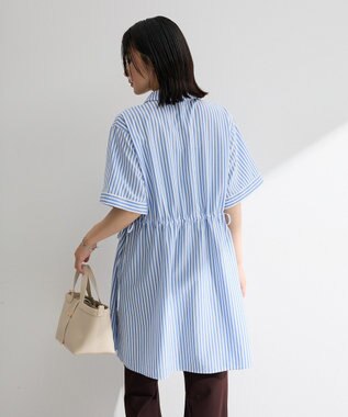 Green Parks ウエストリボンミディ丈ワンピース Stripe Blue