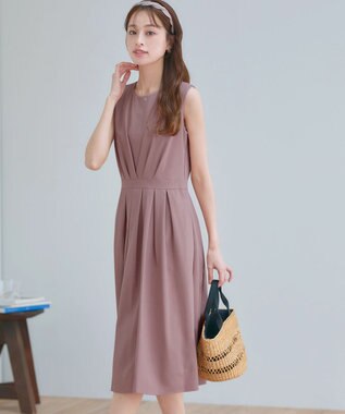 Tiaclasse L 【2TYPEスリーブ/半袖・ノースリーブ・洗える】タックフレアワンピース ノースリーブ：ピンク