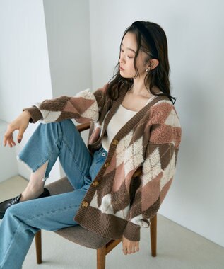 earth music&ecology ループ編みアーガイルカーディガン Mocha