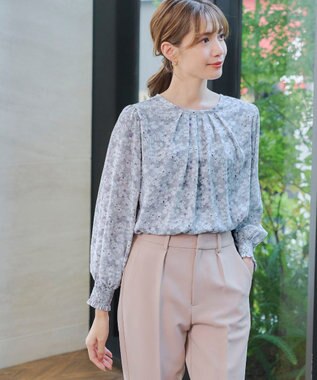 Tiaclasse 【洗える】2WAY花柄ブラウス サックスグレー