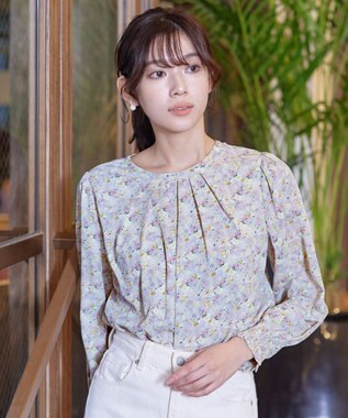 Tiaclasse 【洗える】2WAY花柄ブラウス グレージュ