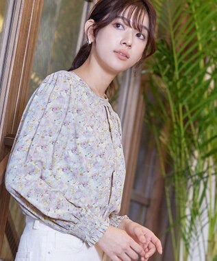 Tiaclasse 【洗える】2WAY花柄ブラウス グレージュ