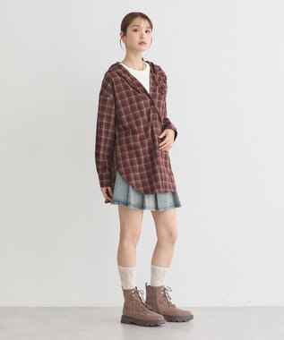 earth music&ecology フーディーチェックシャツ Bordeaux