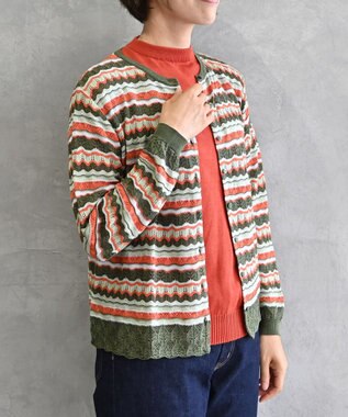 muuc 〈高品質シルク100%〉〈通年着られる〉袖リブあり シェルボタン使用 透かしレース編み シルクマルチボーダーカーディガン グリーンオレンジ