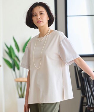 自由区 【WEB限定カラーあり】【UVカット・吸水速乾・洗える】ツイストプレーンラッフルスリーブ カットソー シャンパンベージュ