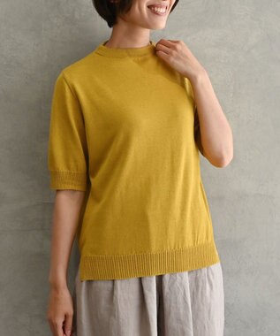 muuc 〈高品質シルク＆スーピマ超長綿〉〈洗えるニット〉半袖ボトルネックプルオーバー イエロー