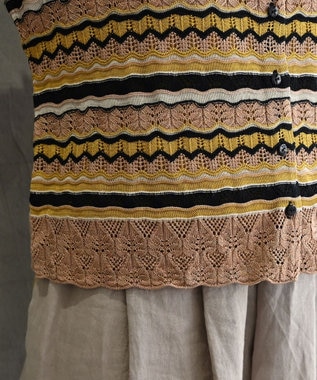 muuc 〈高品質シルク100%〉〈通年着られる〉袖リブあり シェルボタン使用 透かしレース編み シルクマルチボーダーカーディガン ブロンズブラック