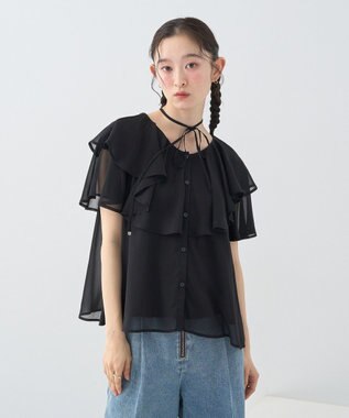 earth music&ecology チョーカー付き楊柳ラッフルブラウス Black
