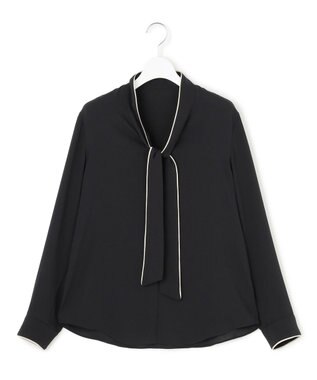 ICB L 【接触冷感・UVケア・速乾・洗える】BackSatinAmunzen 配色ボウタイブラウス ブラック系