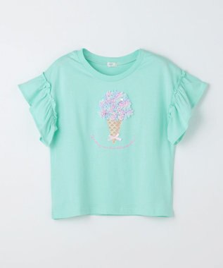 ANY KIDS 【綿100%】ひんやり フリル袖 もしゃもしゃTシャツ ミント×アイス