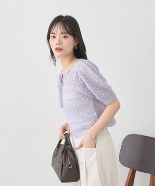 earth music&ecology キャットヤーン透かし編みニットプルオーバー Grayish Blue