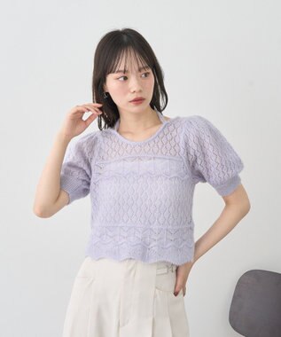 earth music&ecology キャットヤーン透かし編みニットプルオーバー Grayish Blue