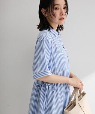Green Parks ウエストリボンミディ丈ワンピース Stripe Blue