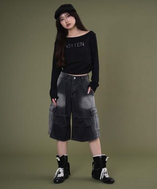 WEGO フラップポケットニータックカーゴハーフパンツ ブラック