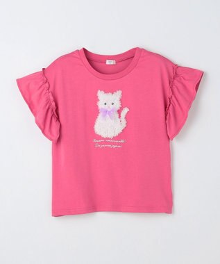 ANY KIDS 【綿100%】ひんやり フリル袖 もしゃもしゃTシャツ ピンク×ネコ