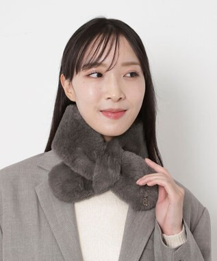 MOONBAT FURLA（フルラ）プチリボンマフラー  アーチロゴ フェイクファー チャコールグレー