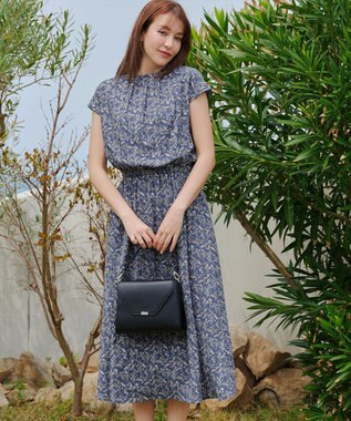 Tiaclasse 【洗える】花柄フレンチスリーブワンピース ブルー