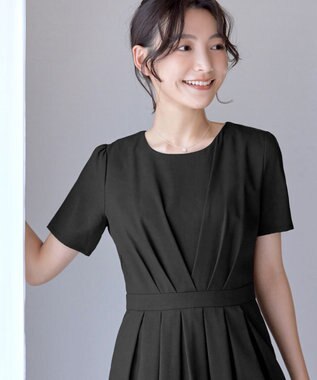 Tiaclasse L 【2TYPEスリーブ/半袖・ノースリーブ・洗える】タックフレアワンピース 半袖：ブラック