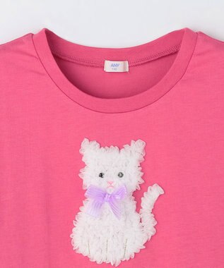 ANY KIDS 【綿100%】ひんやり フリル袖 もしゃもしゃTシャツ ピンク×ネコ