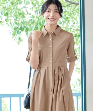 Tiaclasse L 【洗える】パール釦フレアシャツワンピース モカ