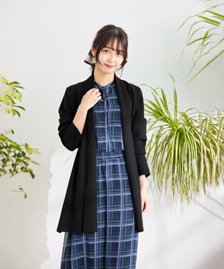 Tiaclasse L 【新色追加・洗える】チェック柄フレア袖シアーワンピース ネイビー