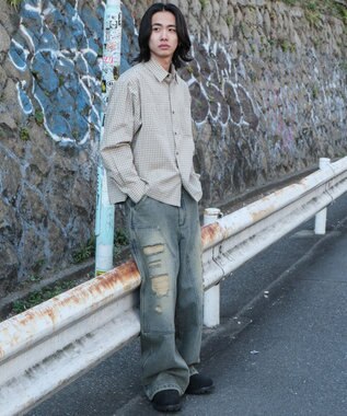 WEGO ミニマムチェックショートシャツ（LS） ベージュチェック1