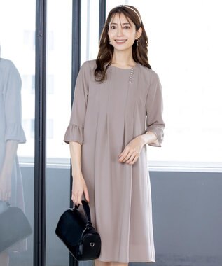 Tiaclasse L 【洗える】飴玉パールフレア袖ワンピース グレージュ