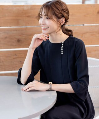 Tiaclasse L 【洗える】飴玉パールフレア袖ワンピース ネイビー