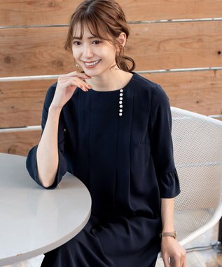 Tiaclasse L 【洗える】飴玉パールフレア袖ワンピース ネイビー