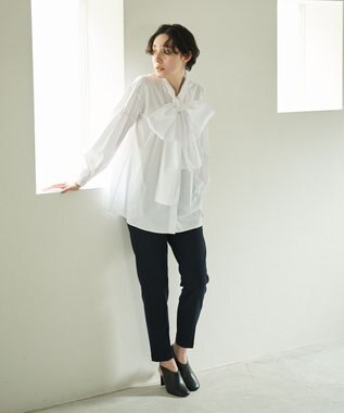 #Newans 【シワになりにくい/洗濯機可能/袖ゴム】ビッグリボンブラウス ホワイト