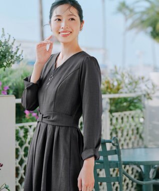 Tiaclasse L リボンウエスト切替ワンピース チャコールグレー